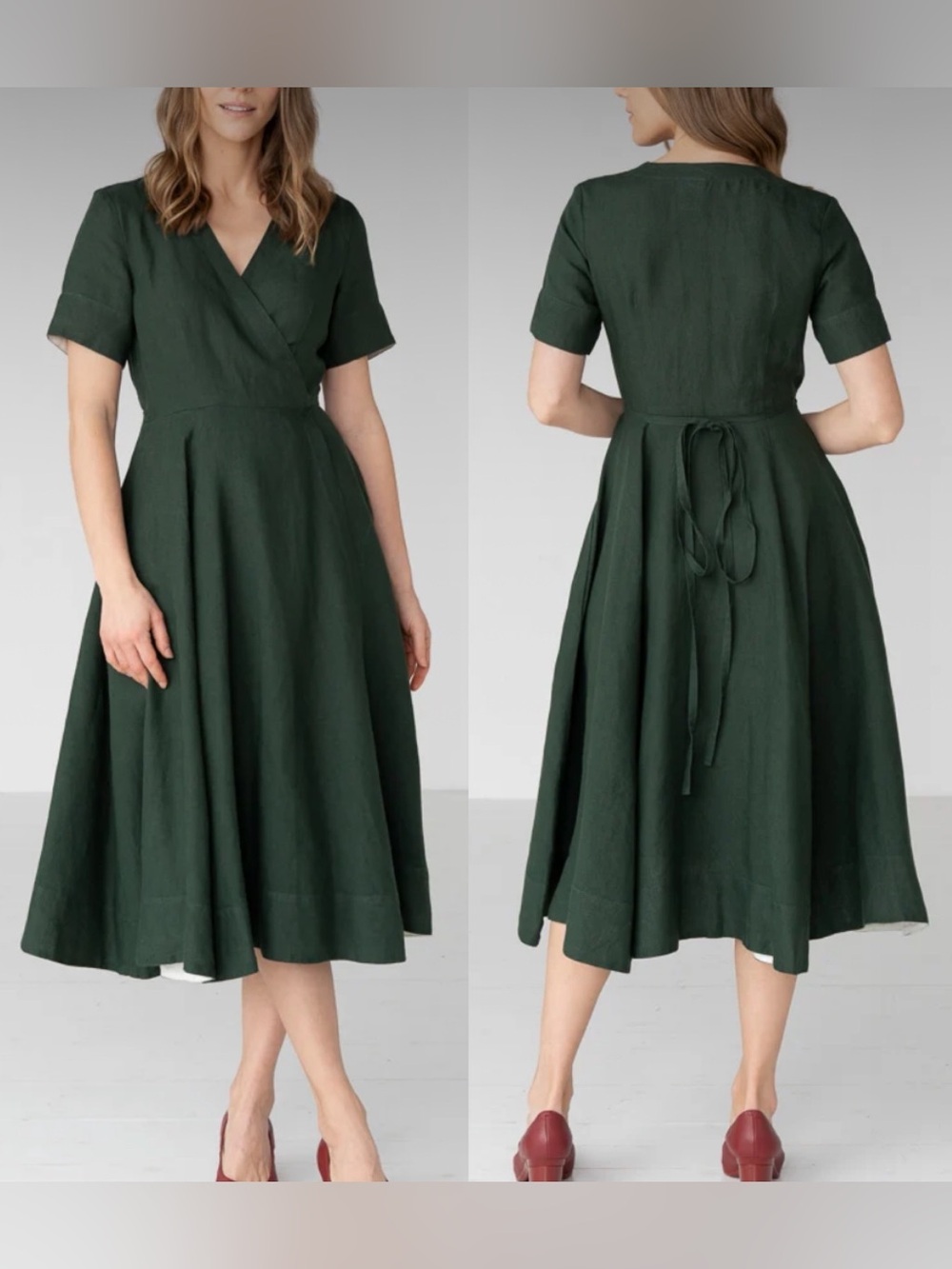 Son De Flor Wrap Linen Dress Short Sleeves Classic Style Midi Dress Evergreen